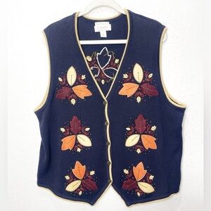 CJ Banks Hand Embroidered Knitted Sweater Vest Autumn Fall Leaves Navy Blue 1X.